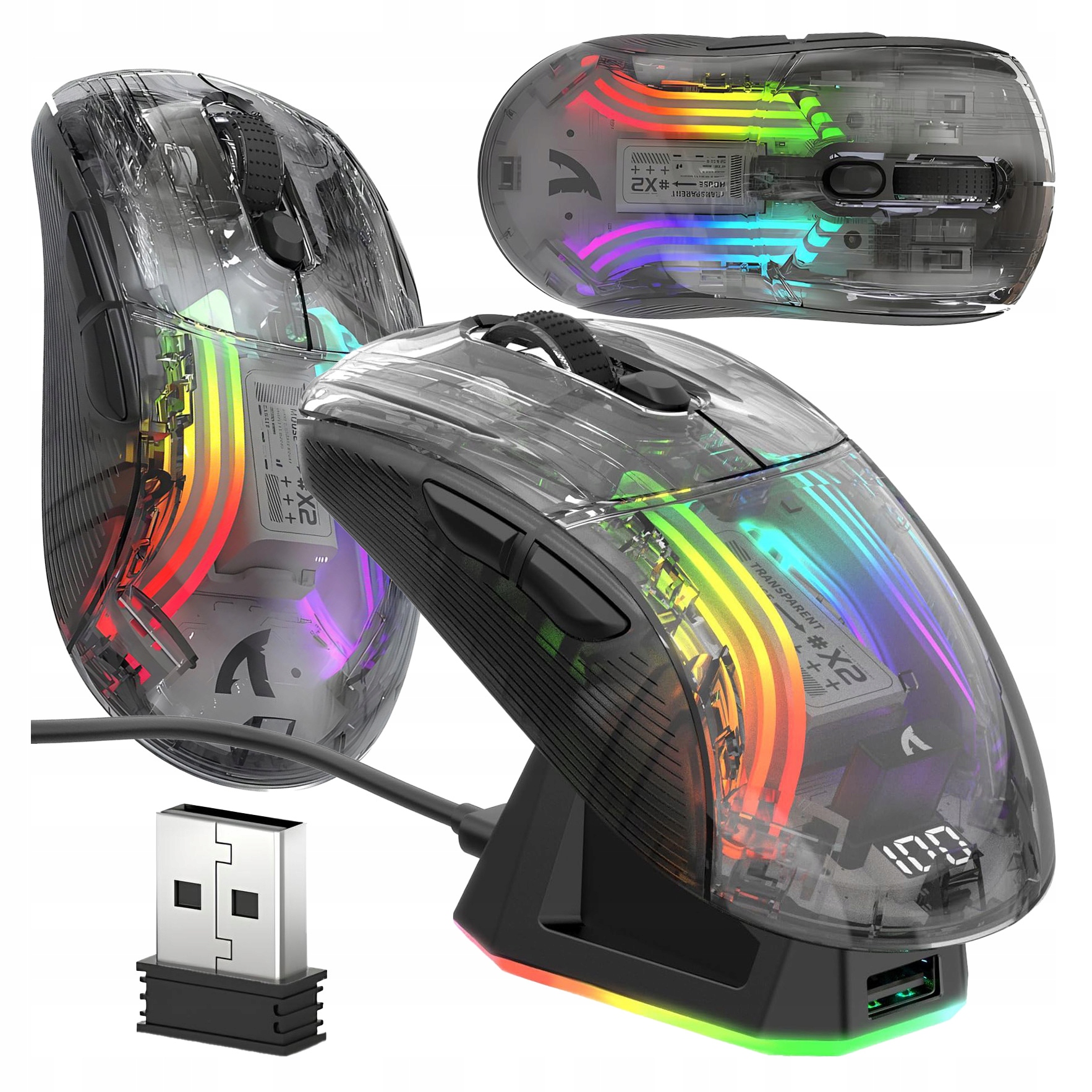 Zawartość zestawu z myszą ATTACK SHARK X2 PRO, stacją dokującą i akcesoriami.